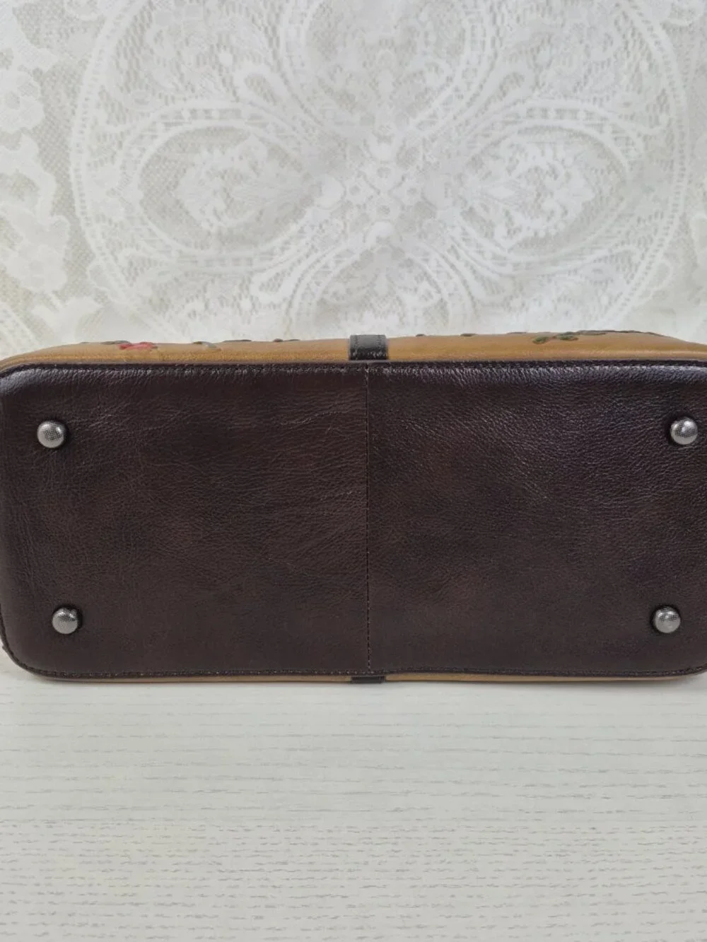 Hand-embossed Leather Satchel with Red Flowers/ Detachable Crossbody Strap